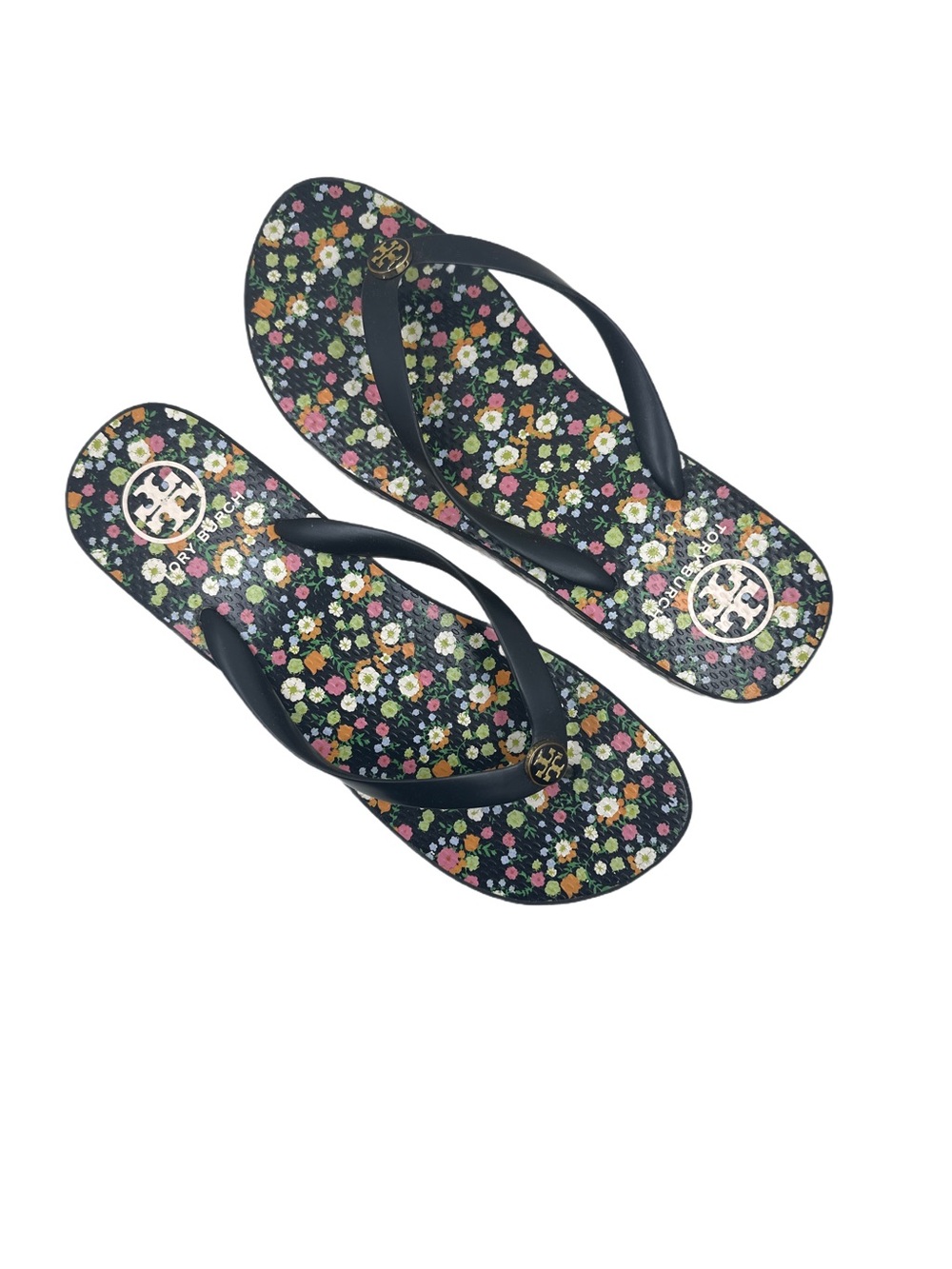 Tory Burch Black Floral Logo Flip Flops size 11